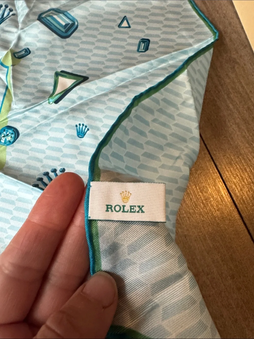 Rolex Silk Scarf in light blue, Green & Teal with Crown Motif - 100% silk